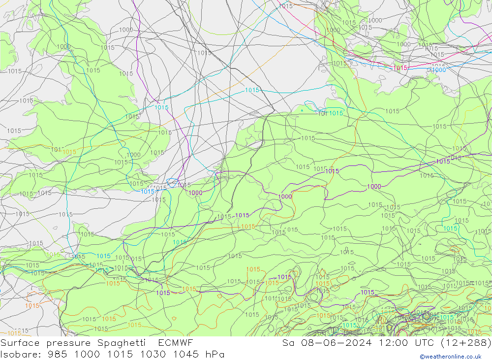 pressão do solo Spaghetti ECMWF Sáb 08.06.2024 12 UTC