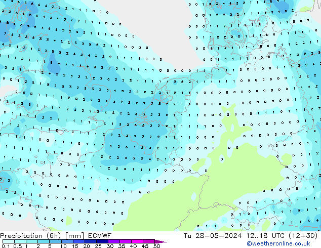 Precipitation (6h) ECMWF Út 28.05.2024 18 UTC