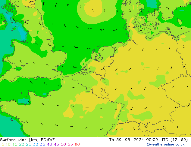 Surface wind ECMWF Čt 30.05.2024 00 UTC