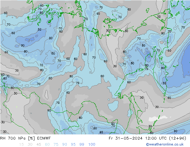 Humedad rel. 700hPa ECMWF vie 31.05.2024 12 UTC