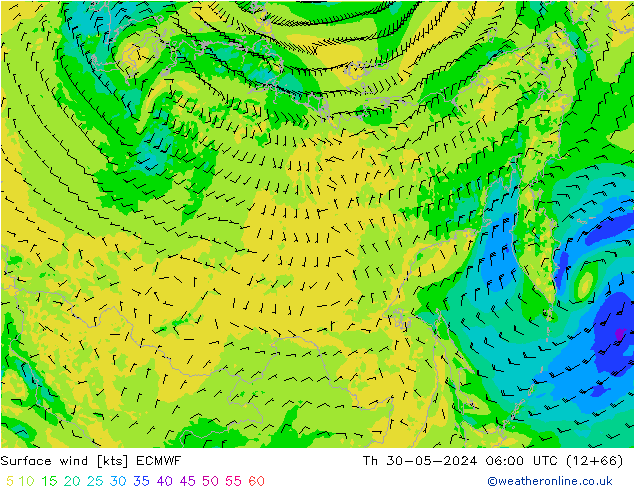 wiatr 10 m ECMWF czw. 30.05.2024 06 UTC