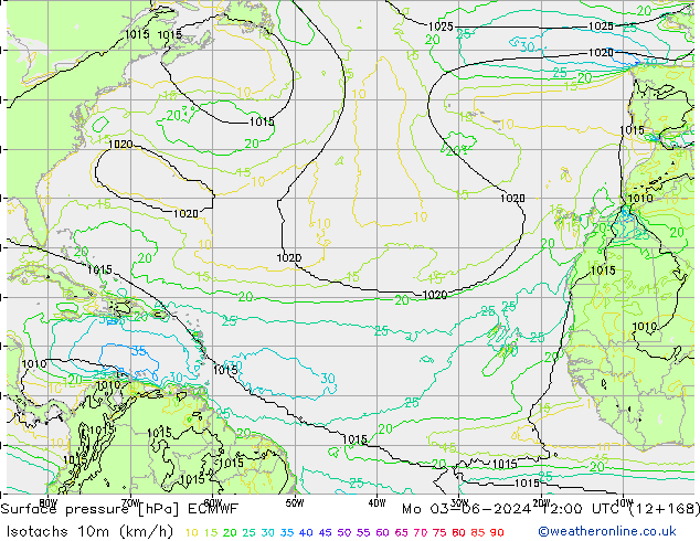 Isotachs (kph) ECMWF Mo 03.06.2024 12 UTC