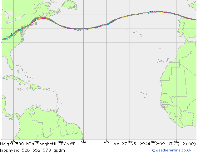 Height 500 hPa Spaghetti ECMWF Mo 27.05.2024 12 UTC