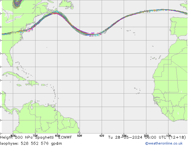 Height 500 hPa Spaghetti ECMWF Tu 28.05.2024 06 UTC