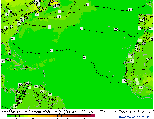 Temperatura 2m Spread ECMWF lun 03.06.2024 18 UTC