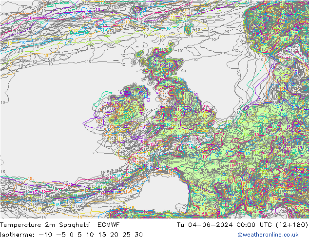Temperature 2m Spaghetti ECMWF Tu 04.06.2024 00 UTC