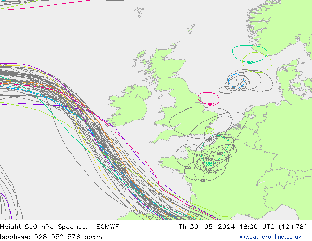 Height 500 гПа Spaghetti ECMWF чт 30.05.2024 18 UTC