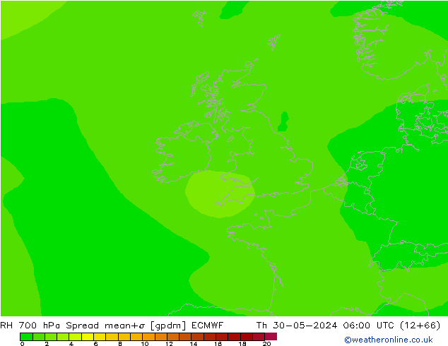 RH 700 hPa Spread ECMWF Čt 30.05.2024 06 UTC