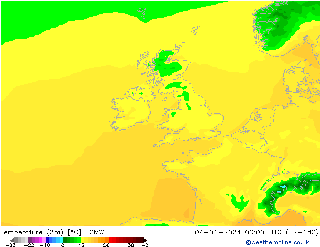 Temperatuurkaart (2m) ECMWF di 04.06.2024 00 UTC