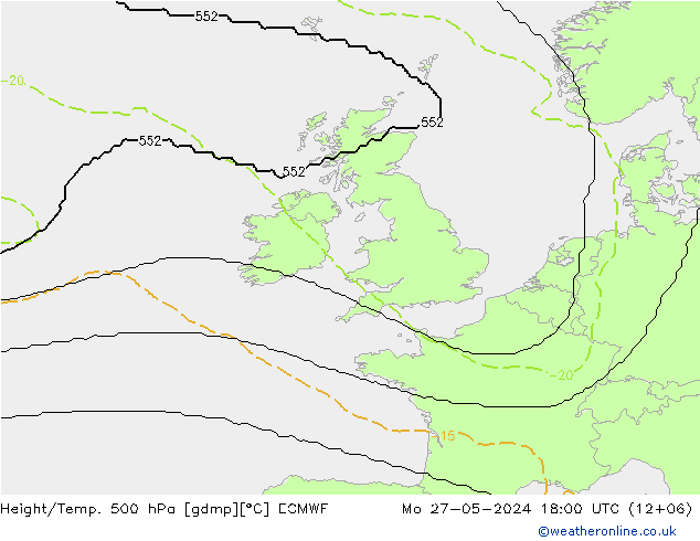 Height/Temp. 500 hPa ECMWF pon. 27.05.2024 18 UTC