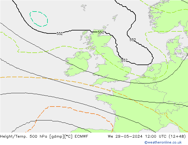 Height/Temp. 500 hPa ECMWF śro. 29.05.2024 12 UTC