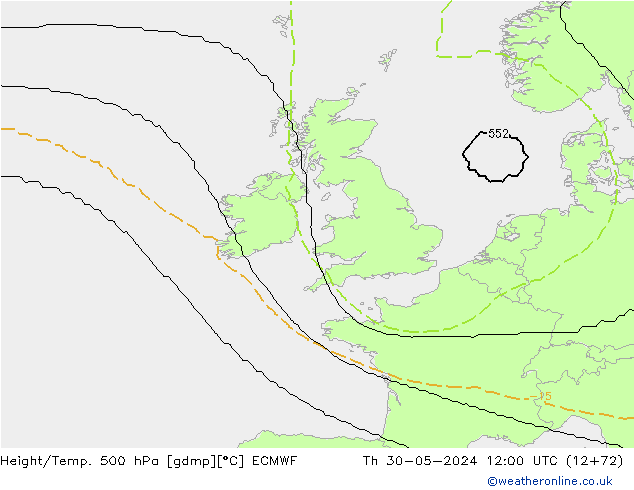 Height/Temp. 500 hPa ECMWF czw. 30.05.2024 12 UTC