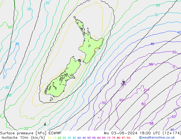 Isotachs (kph) ECMWF  03.06.2024 18 UTC