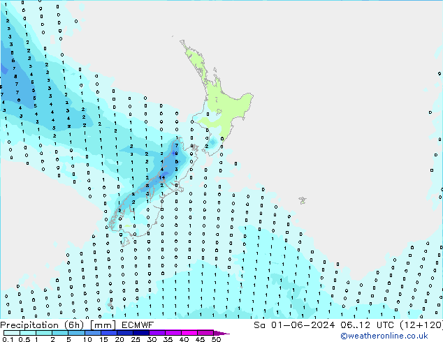 Precipitation (6h) ECMWF Sa 01.06.2024 12 UTC
