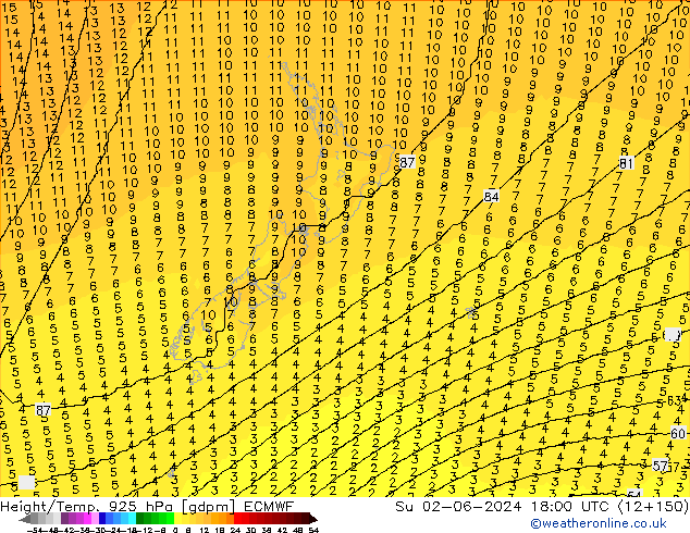 Yükseklik/Sıc. 925 hPa ECMWF Paz 02.06.2024 18 UTC