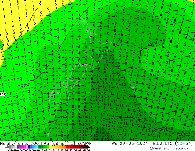 Height/Temp. 700 hPa ECMWF We 29.05.2024 18 UTC