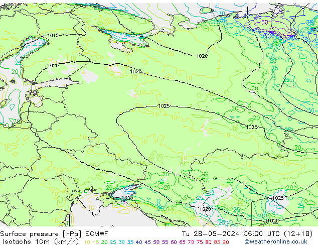 Isotachen (km/h) ECMWF Di 28.05.2024 06 UTC