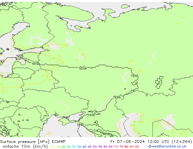 Isotachs (kph) ECMWF Pá 07.06.2024 12 UTC