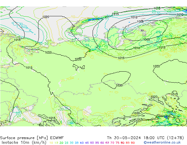 Isotachs (kph) ECMWF Čt 30.05.2024 18 UTC