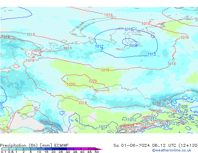 Totale neerslag (6h) ECMWF za 01.06.2024 12 UTC
