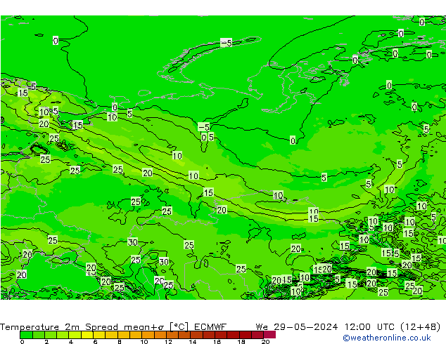 Temperature 2m Spread ECMWF We 29.05.2024 12 UTC