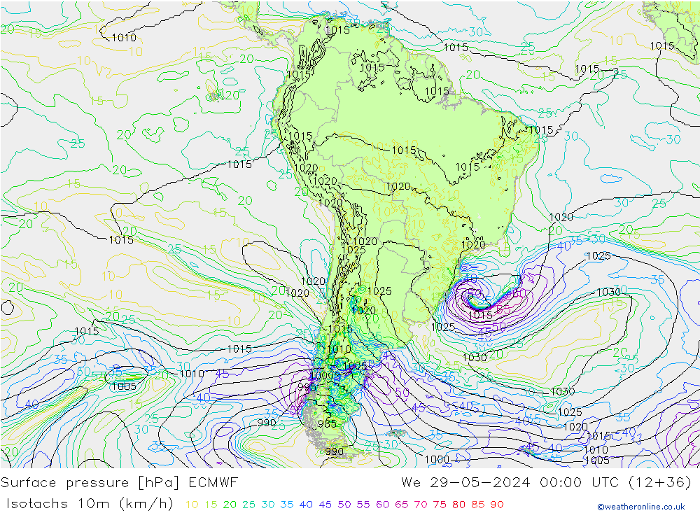 Izotacha (km/godz) ECMWF śro. 29.05.2024 00 UTC