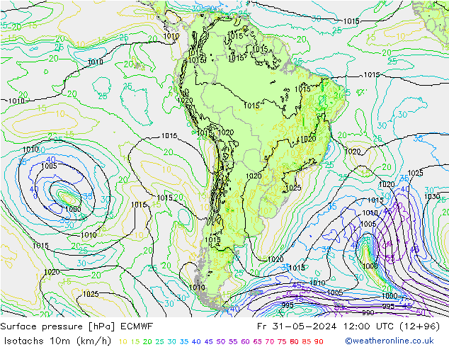 Isotachs (kph) ECMWF пт 31.05.2024 12 UTC