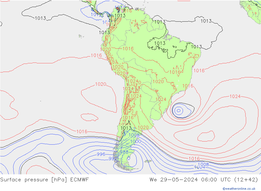 Presión superficial ECMWF mié 29.05.2024 06 UTC