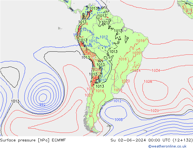 Atmosférický tlak ECMWF Ne 02.06.2024 00 UTC