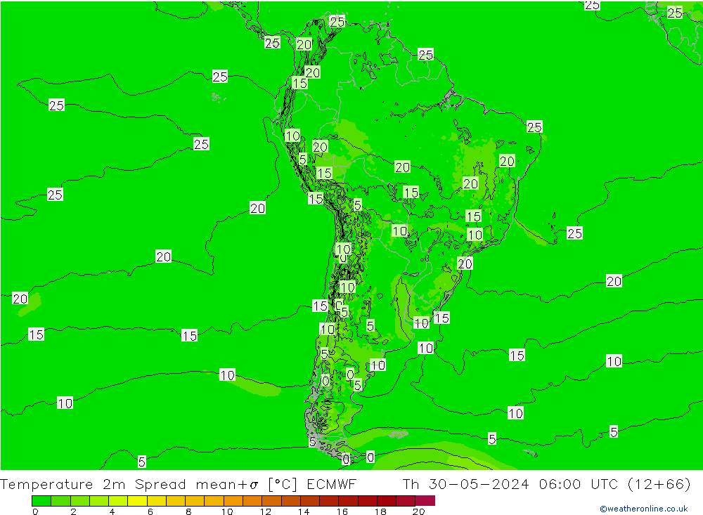 Temperature 2m Spread ECMWF Th 30.05.2024 06 UTC