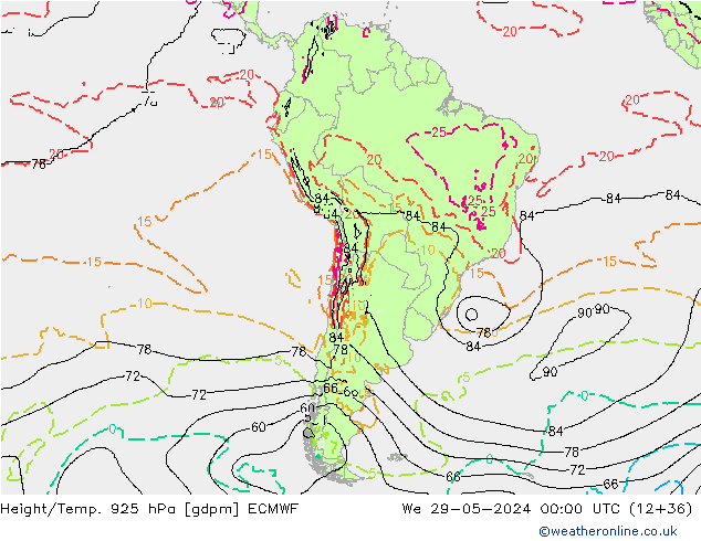 Height/Temp. 925 hPa ECMWF We 29.05.2024 00 UTC