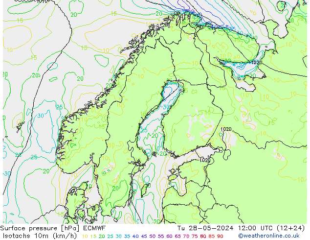 Isotachs (kph) ECMWF  28.05.2024 12 UTC