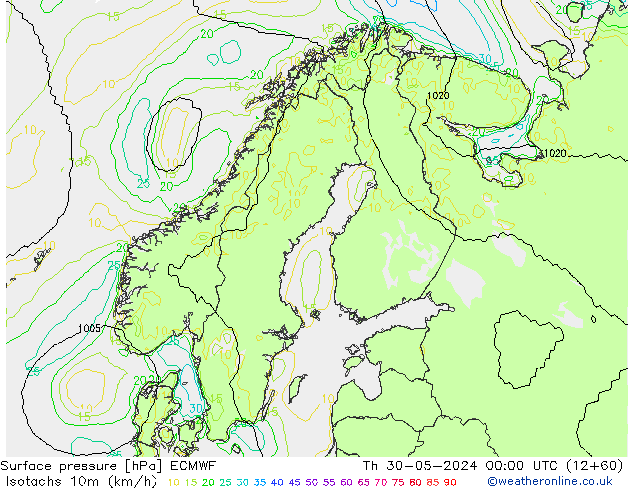 Isotachs (kph) ECMWF Th 30.05.2024 00 UTC