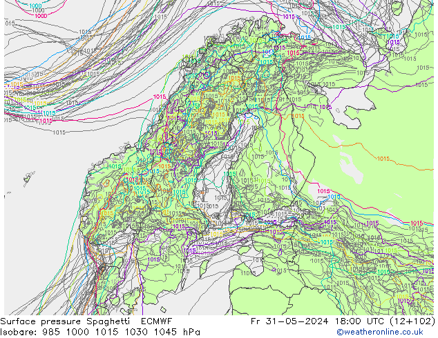 Surface pressure Spaghetti ECMWF Fr 31.05.2024 18 UTC