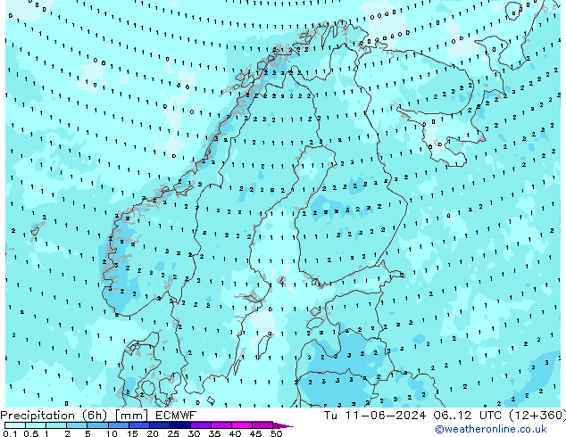 Nied. akkumuliert (6Std) ECMWF Di 11.06.2024 12 UTC