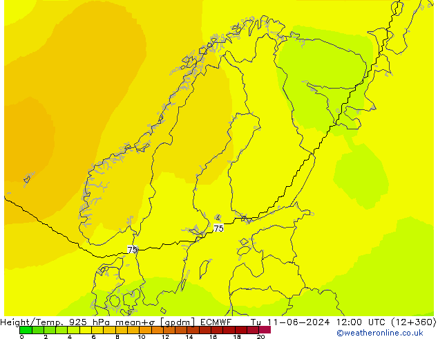 Height/Temp. 925 hPa ECMWF Di 11.06.2024 12 UTC