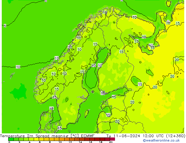 Temperatura 2m Spread ECMWF mar 11.06.2024 12 UTC