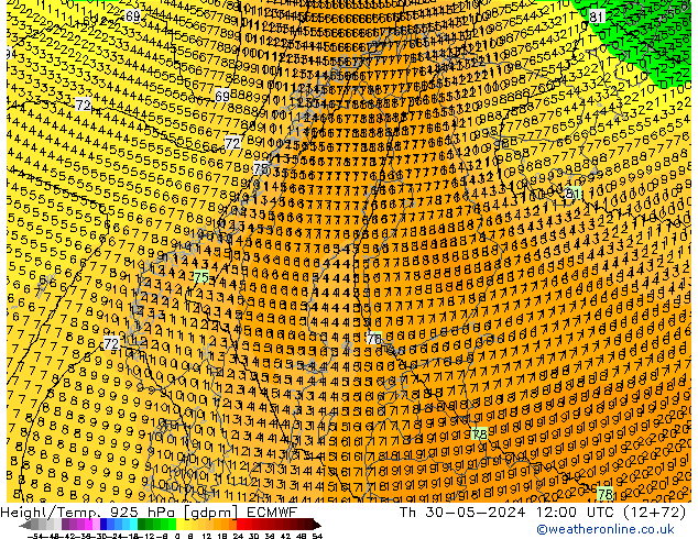 Height/Temp. 925 hPa ECMWF czw. 30.05.2024 12 UTC