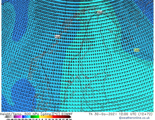 Height/Temp. 500 hPa ECMWF Th 30.05.2024 12 UTC