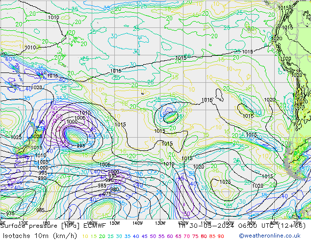 Izotacha (km/godz) ECMWF czw. 30.05.2024 06 UTC