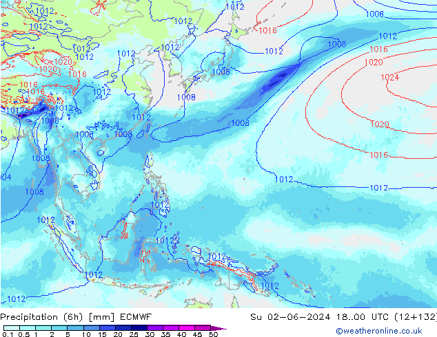 Precipitation (6h) ECMWF Su 02.06.2024 00 UTC