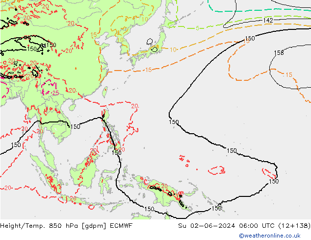 Height/Temp. 850 hPa ECMWF Su 02.06.2024 06 UTC