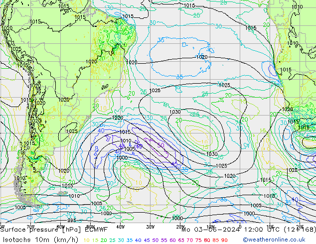 Isotachs (kph) ECMWF Mo 03.06.2024 12 UTC