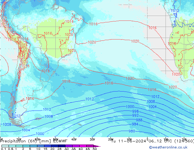 Totale neerslag (6h) ECMWF di 11.06.2024 12 UTC