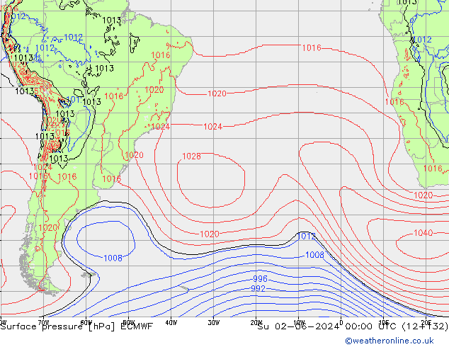 Presión superficial ECMWF dom 02.06.2024 00 UTC