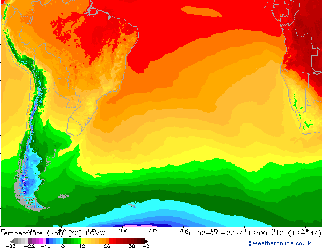 Temperaturkarte (2m) ECMWF So 02.06.2024 12 UTC