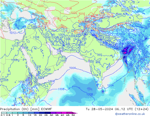 Precipitation (6h) ECMWF Út 28.05.2024 12 UTC