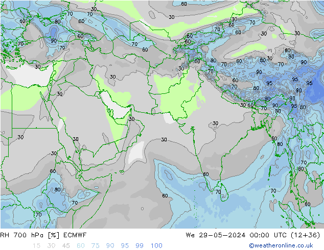 Humedad rel. 700hPa ECMWF mié 29.05.2024 00 UTC