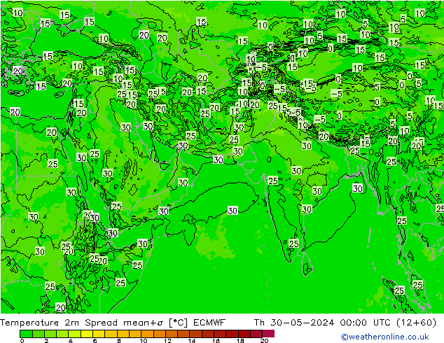 Temperatura 2m Spread ECMWF jue 30.05.2024 00 UTC