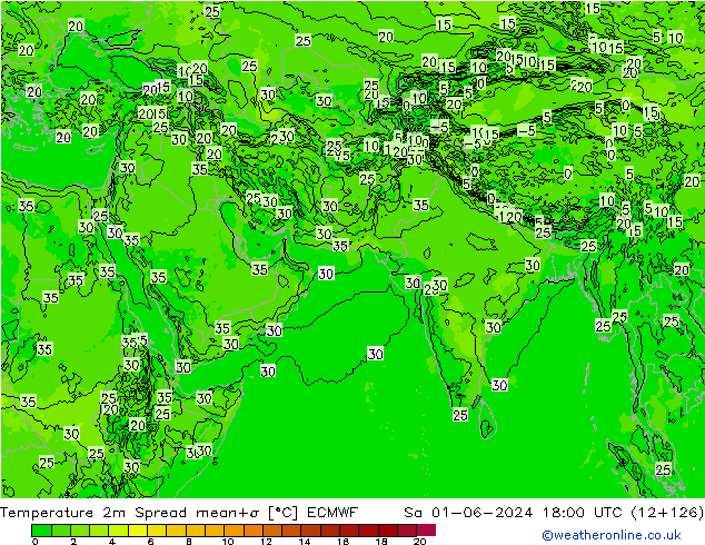 Temperatura 2m Spread ECMWF sáb 01.06.2024 18 UTC